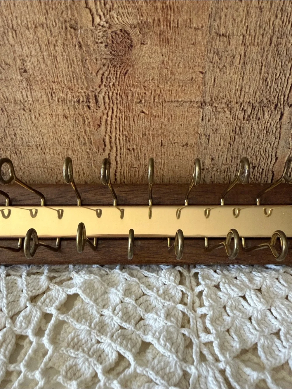 VTG MCM Wall-Mounted Tie/Belts or Necklace Rack, Wood and Brass